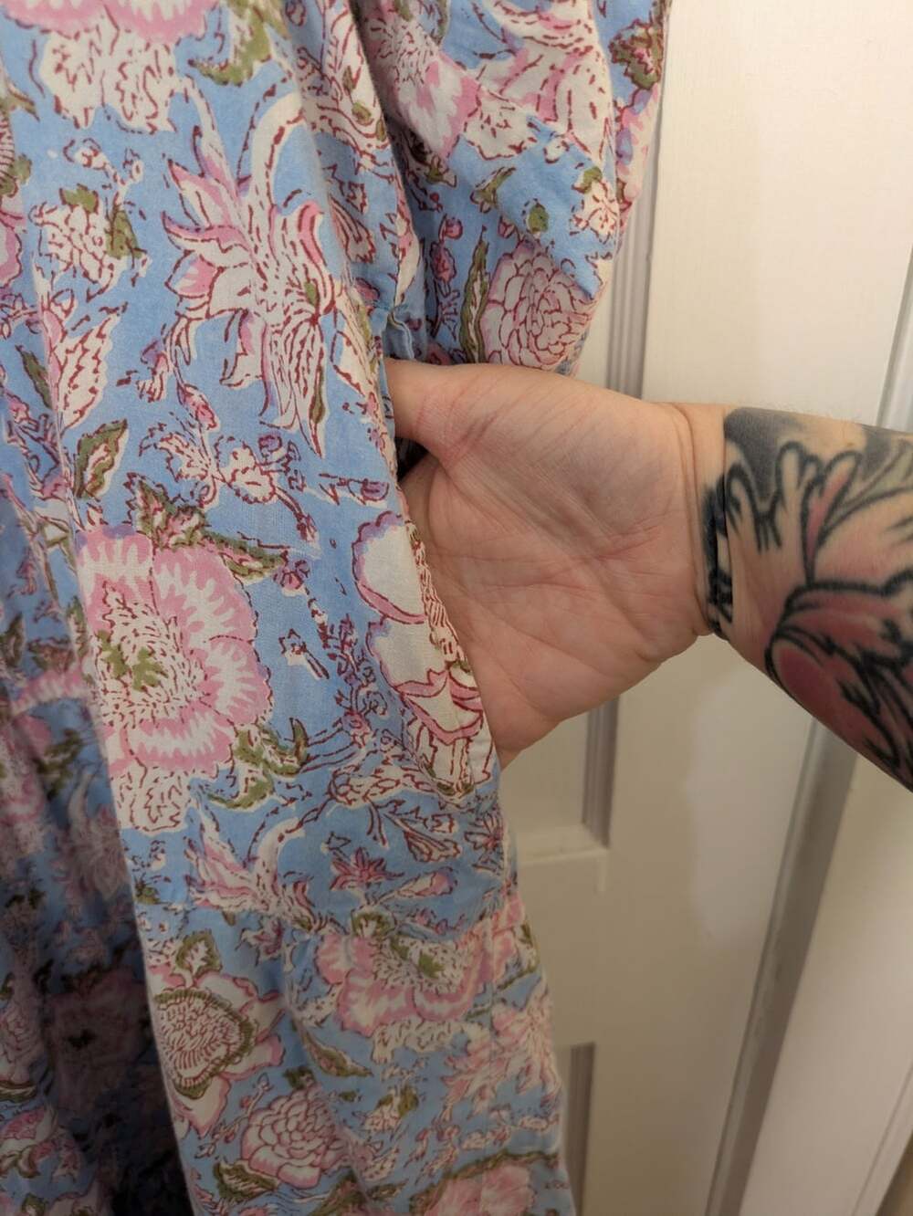 Size 3XL (Measures XL) Karni Indian Blockprint 100% Cotton Maxi Dress Blue Pink - Picture 6 of 7